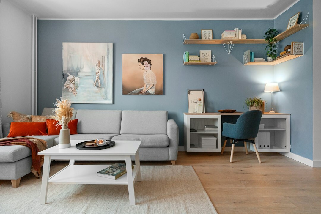 tidy living room with organized shelves