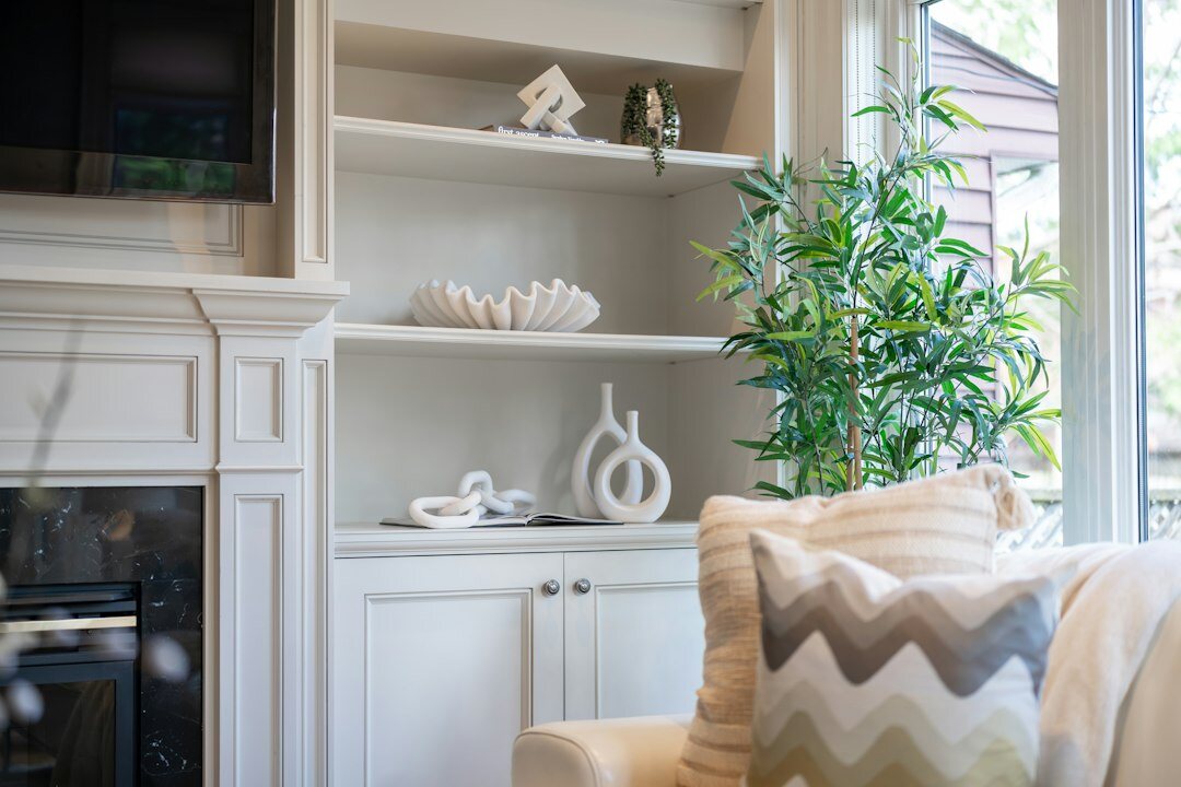 tidy living room with organized shelves